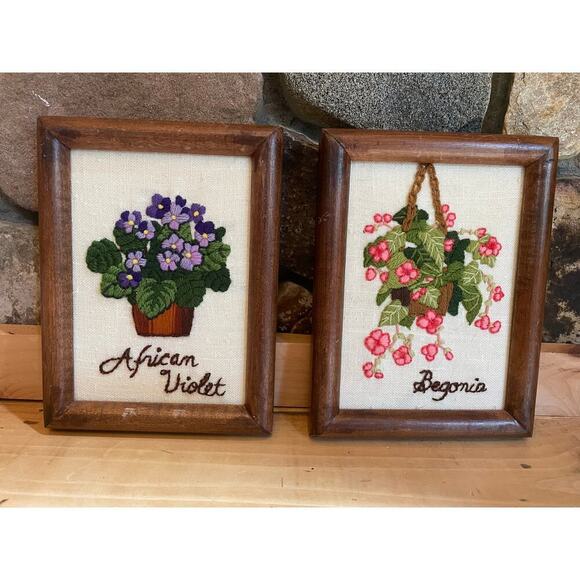 2 Vintage Framed 1979 Hand Stitched Floral Art.Violets & Begonias Signed on back - Picture 1 of 6